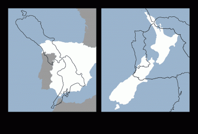 Eine Ausnahme bildet ein Gebiet auf der Iberischen Halbinsel. Teile Spaniens und Portugals liegen Teilen Neuseelands diametral gegenüber.