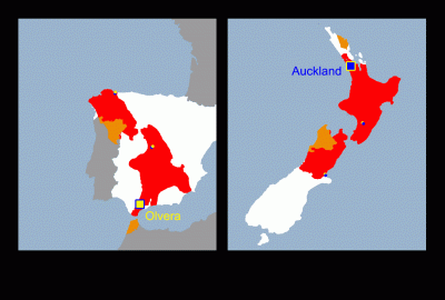 Auf diesem Gebiet befinden sich lediglich drei Ortschaftspaare, die exakte Antipoden bilden. Hierzu gehören das andalusische Olvera (mit einigen benachbarten Dörfern) und Neuseelands größte Stadt Auckland.